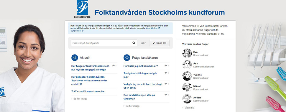 Startsidan på Folktandvården Stockholms kundforum där frågor och svar visas.