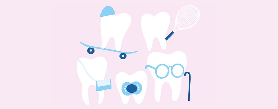 Illustration av tänder som har attiraljer som symboliserar alla åldersgrupper; barn, unga, vuxna och äldre. 